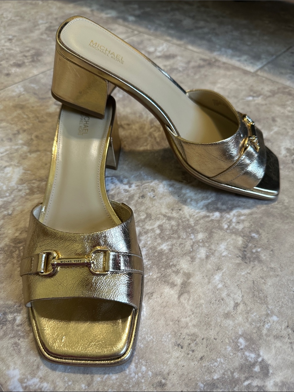 Michael Kors Metallic Gold Block Heel Slide Mules